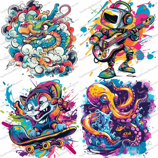 Colorful Dynamic Art AI MidJourney Image Prompt, 9365 T Shirt Designs, midjourney, vibrant, dynamic, colorful, bold outlines, energetic splashes, creativity, playful, whimsical, imaginative, characters, art, design, artistic, expressive, lively, cartoon, fun, bright, quirky, unique, Midjourney, Ai, Ai Image Prompt, Image Prompt, Prompt