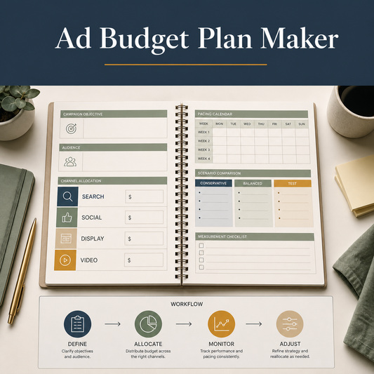 Ad budget planning workbook with campaign objective, audience, channel allocation, pacing calendar, scenario comparison, measurement checklist, and adjust workflow.
