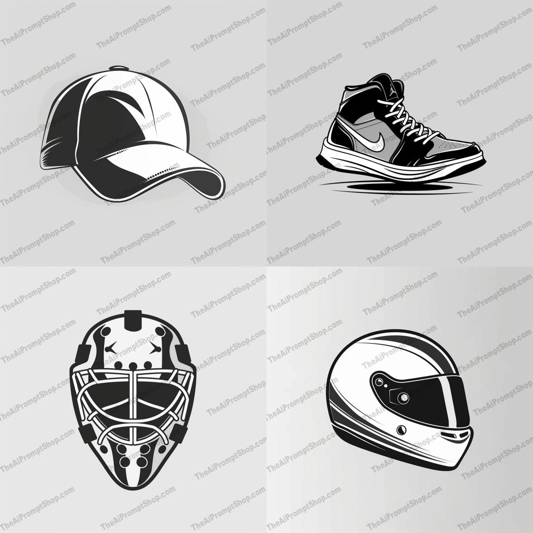 Sports Equipment Illustrations AI MidJourney Image Prompt, 8759 Game Assets, midjourney, sports, equipment, illustrations, black and white, baseball cap, sports shoe, hockey mask, racing helmet, high contrast, detailed, outlines, sporty, athletic, gear, accessories, drawing, artwork, graphic design, monochrome, line art, Midjourney, Ai, Ai Image Prompt, Image Prompt, Prompt