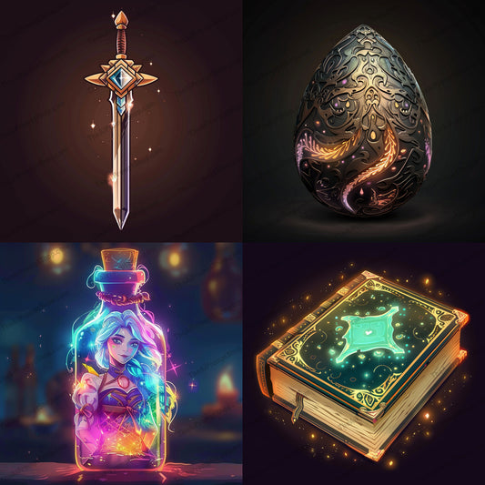 Mystical Artifacts Illustration AI MidJourney Image Prompt, 9378 Game Assets, midjourney, mystical, artifacts, sword, ornate egg, potion bottle, enchanted book, fantasy, magic, illustration, detailed, intricate, sparkling, enchanted, mythical, whimsical, magic items, fantasy art, fairy tale, magical objects, medieval, legendary, Midjourney, Ai, Ai Image Prompt, Image Prompt, Prompt