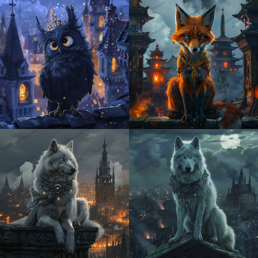 Regal Animals in Fantasy Cityscape AI MidJourney Image Prompt, 8781 Animals, midjourney, fantasy, animals, regal, majestic, cityscape, night, owl, fox, wolf, magical, mystical, royalty, enchantment, artwork, digital art, illustration, whimsical, detailed, scenic, urban fantasy, Midjourney, Ai, Ai Image Prompt, Image Prompt, Prompt