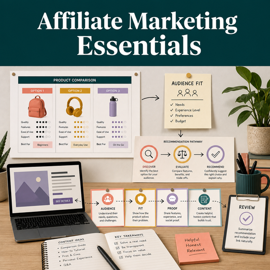 Illustrative affiliate marketing workspace showing audience fit, product comparison, proof, content, and transparent review steps.