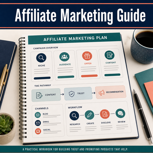 Affiliate marketing planning workbook with niche, audience, offer, content, trust, disclosure, and review workflow.