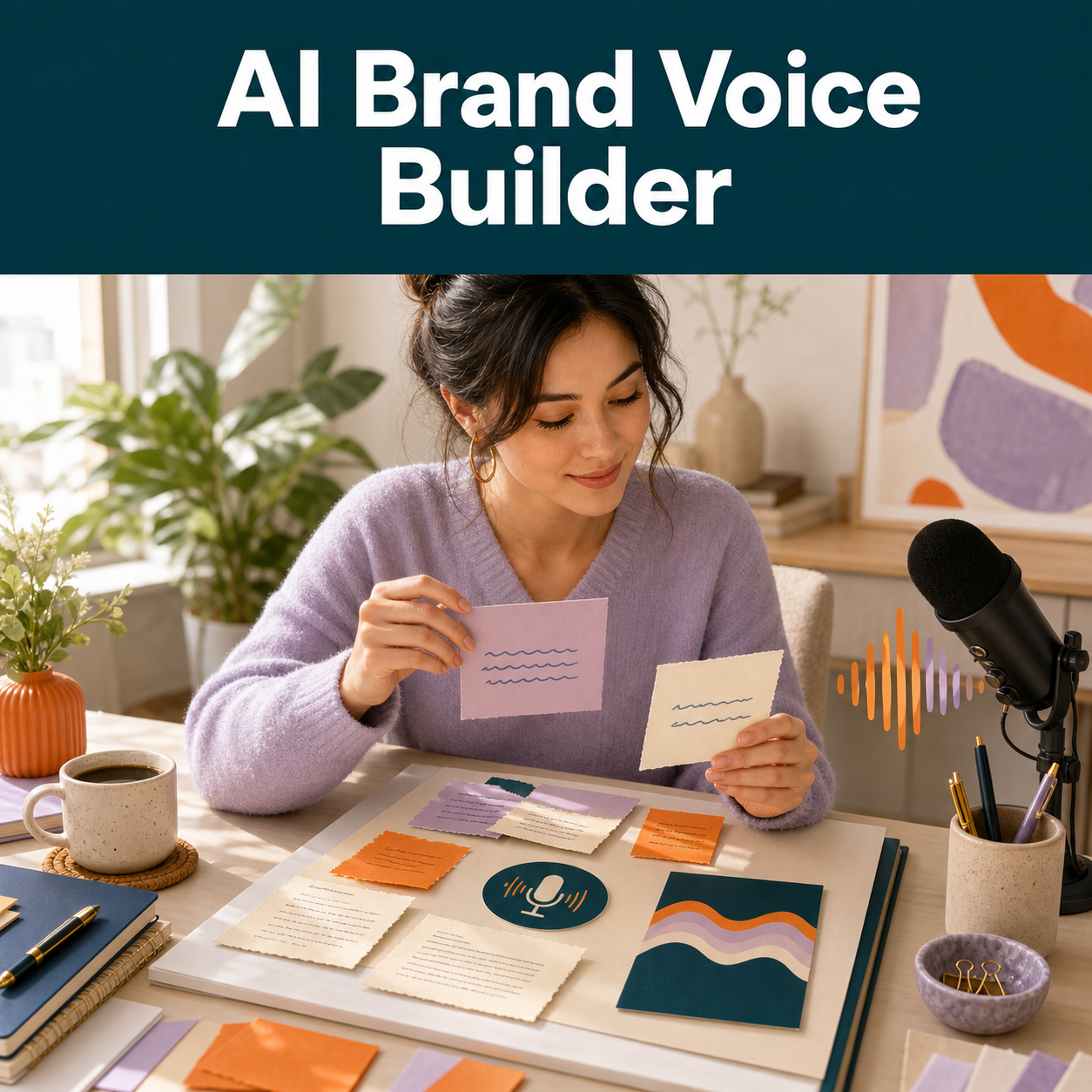 AI Brand Voice Builder cover showing a creator organizing writing samples into a consistent brand voice