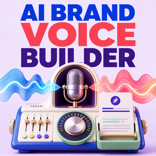 AI Brand Voice Builder cover with a colorful voice-tuning machine and writing profile