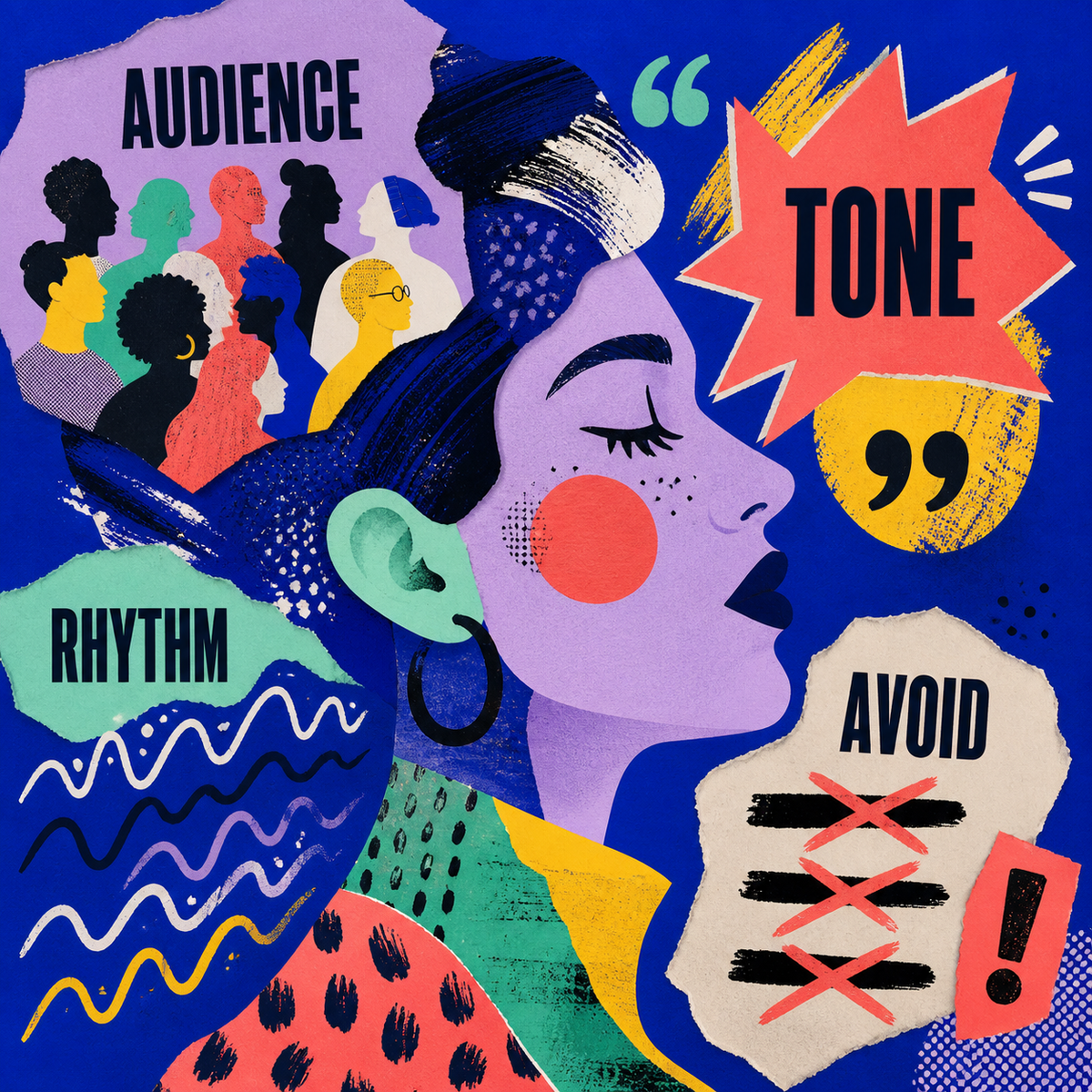 AI Brand Voice Builder editorial illustration showing audience, tone, rhythm, and language to avoid