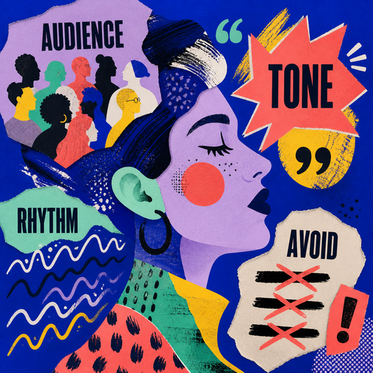 AI Brand Voice Builder editorial illustration showing audience, tone, rhythm, and language to avoid