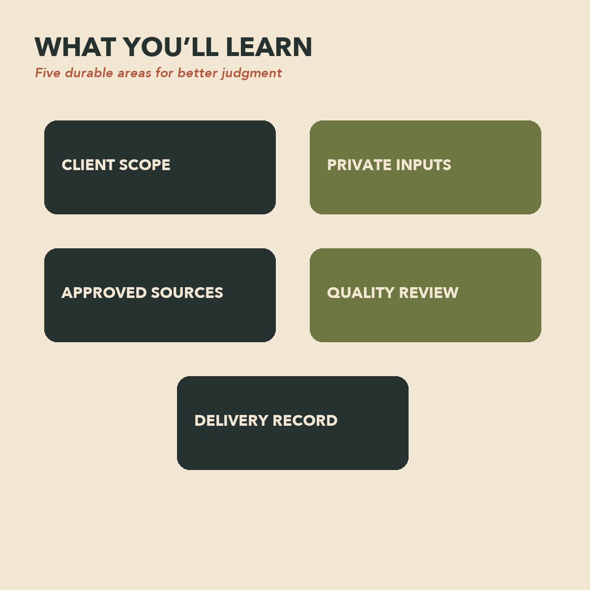 AI for Freelancers learning areas for client scope, private inputs, approved sources, quality review, and delivery records