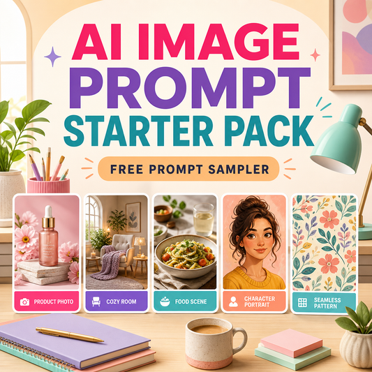 AI Image Prompt Starter Pack free sampler cover with five example image categories.
