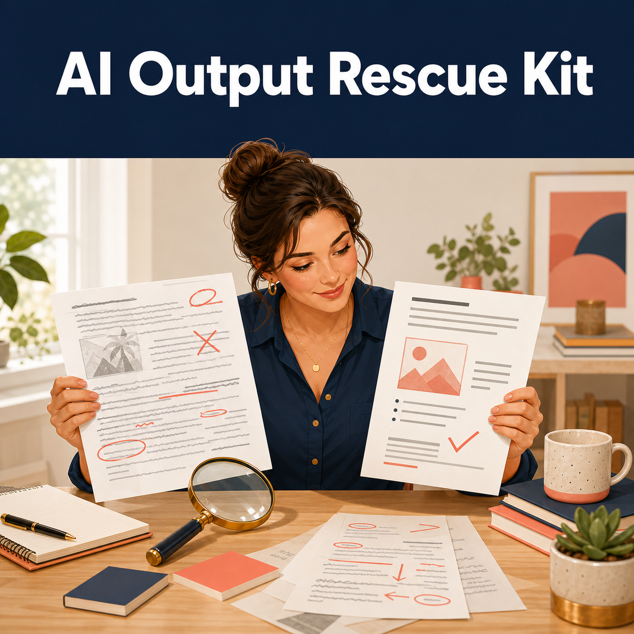 AI Output Rescue Kit cover showing a small-business owner comparing a weak AI draft with a clearer repaired version