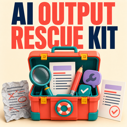 AI Output Rescue Kit cover with a colorful editing toolbox for fixing weak AI-generated text