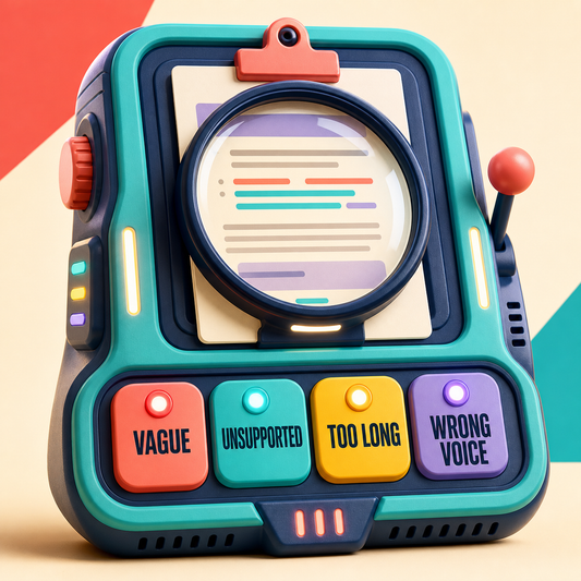 AI Output Rescue Kit diagnostic console showing vague, unsupported, too long, and wrong voice issues