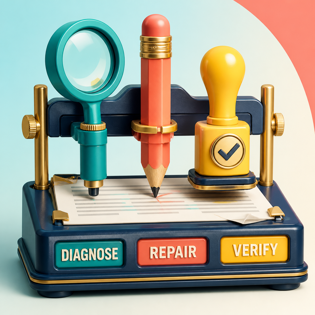 AI Output Rescue Kit repair stand showing the diagnose, repair, and verify workflow