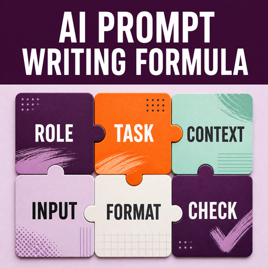 AI Prompt Writing Formula quick-reference cover with six prompt-building components.