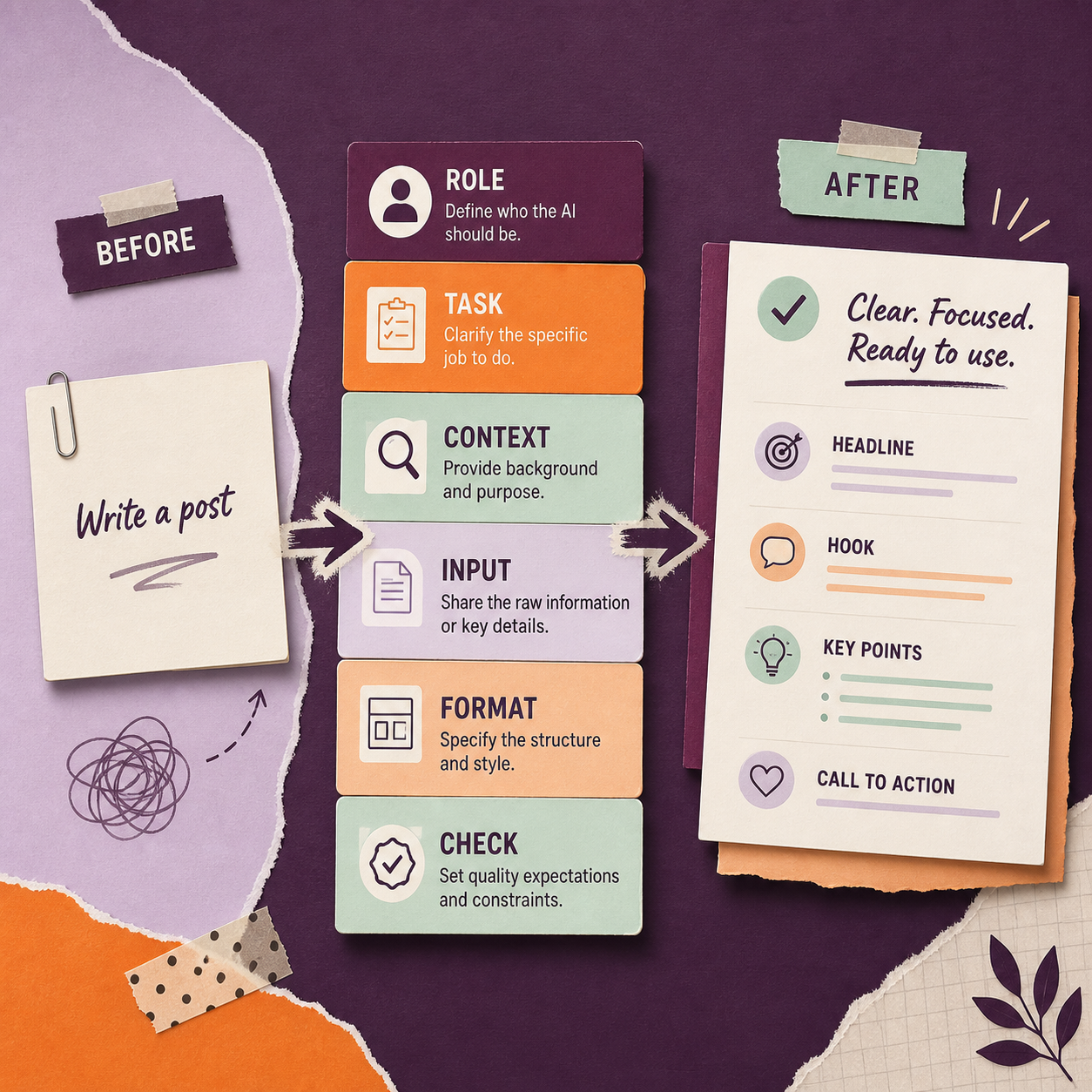 Before-and-after prompt example organized with role, task, context, input, format, and check.