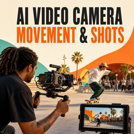 AI Video Camera Movement and Shot Direction cover showing a creator filming an action scene with a cinema camera.