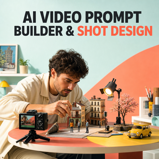 AI Video Prompt Builder and Shot Design cover showing a creator building a miniature video scene.