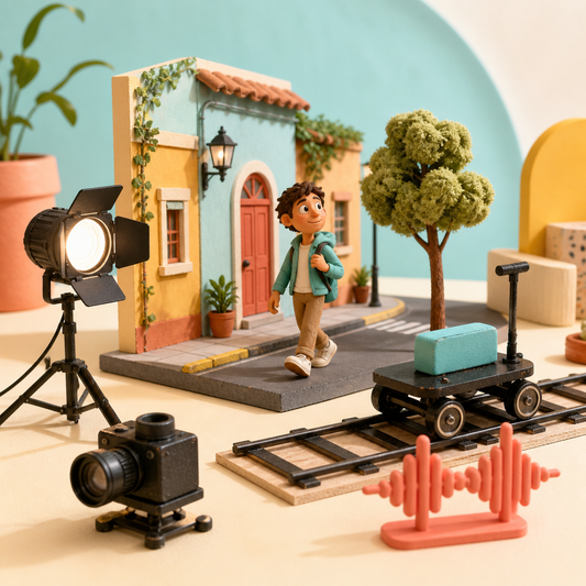 AI Video Prompt Builder and Shot Design contents illustrated through subject, scene, motion, light, camera, and sound.