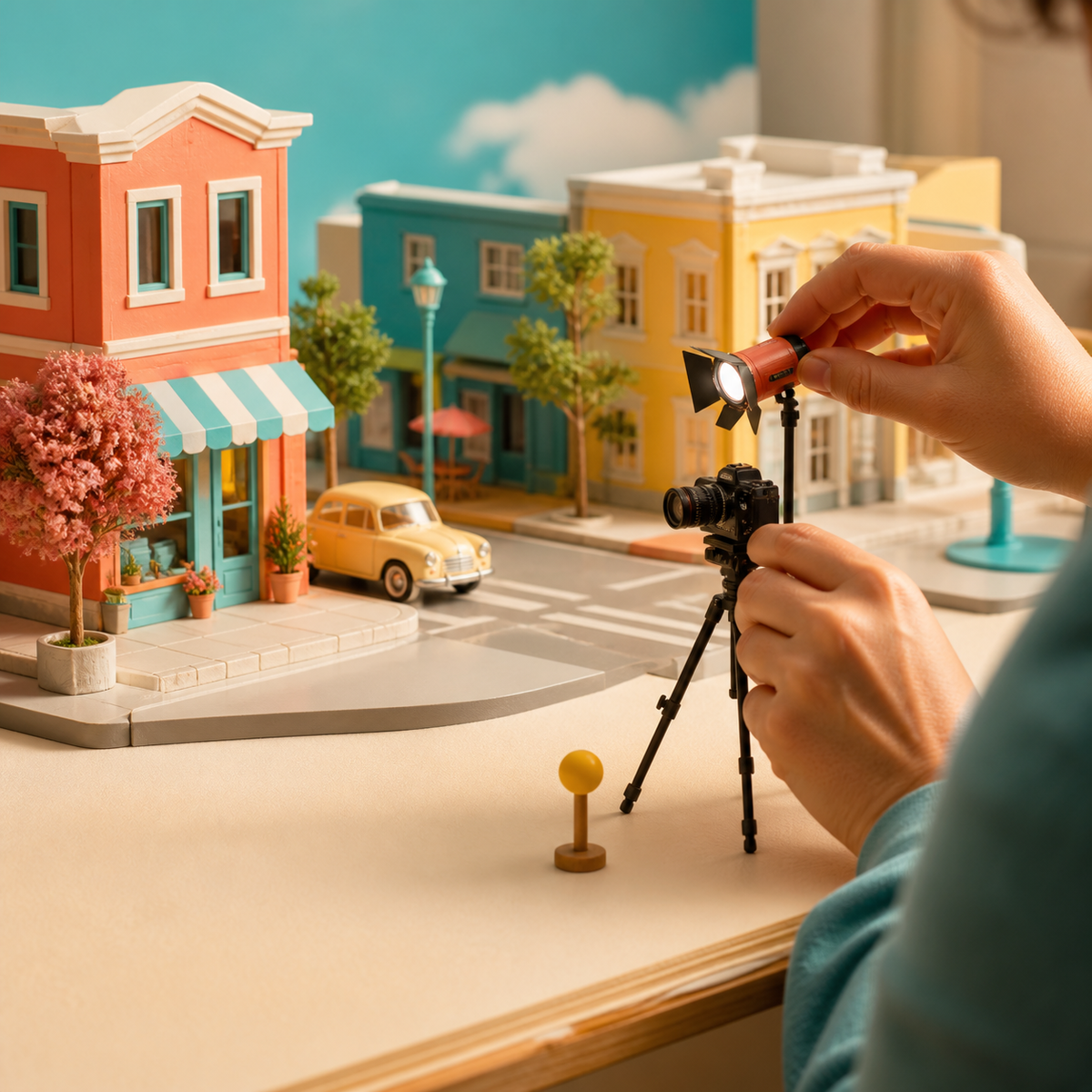 AI Video Prompt Builder and Shot Design method showing a creator refining a miniature shot setup.