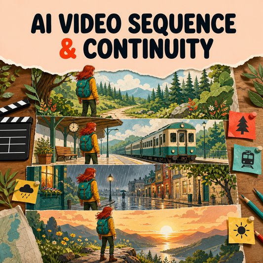 AI Video Sequence and Continuity cover showing one character carried consistently through illustrated story scenes.