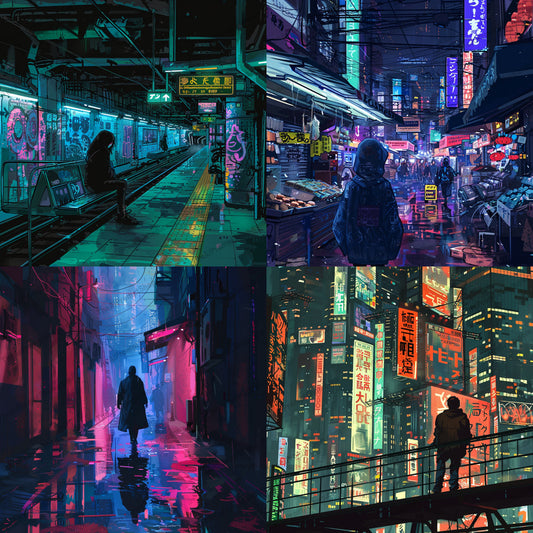 Neon Nightscapes Futuristic Cyberpunk AI MidJourney Image Prompt, 8082cityscape illustrations, cyberpunk city, dark urban scenes, edgy wall art, futuristic decor, midjourney, moody atmosphere, night city art, retro-futurism, sci-fi aesthetic, street art, tech-inspired decor, urban nightscapes