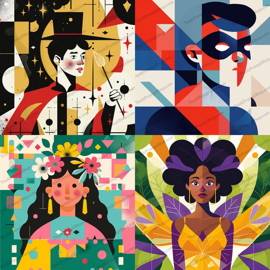 Vibrant Character Portraits in Geometric Style AI MidJourney Image Prompt, 8086