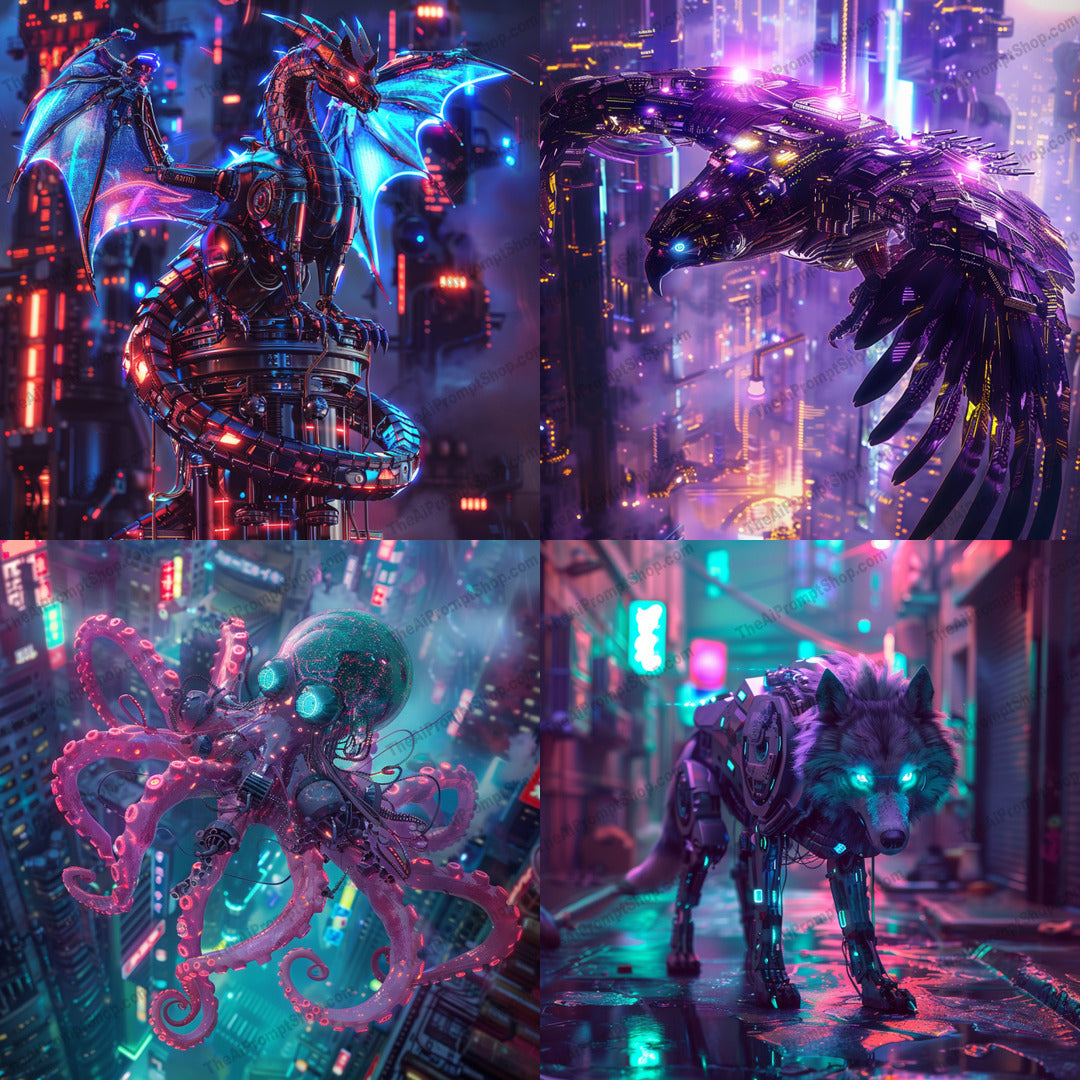 Cybernetic Creatures in Neon Cityscapes AI MidJourney Image Prompt, 8088