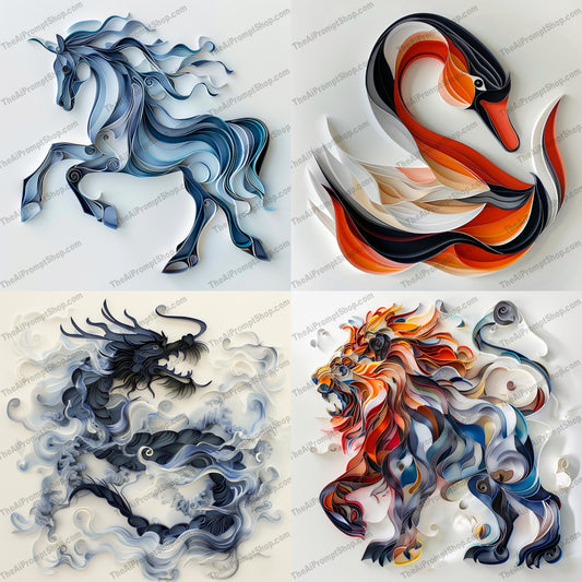Elegant Paper Art AI MidJourney Image Prompt, 8100animal wall art, artistic animals, contemporary decor, creative decor, decorative art, detailed art, dragon art, elegant designs, handcrafted designs, horse art, intricate animal art, lion art, midjourney, modern art, paper art, paper sculpture, quilling art, swan art, three-dimensional art