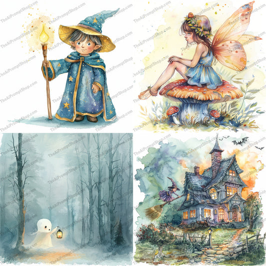 Enchanting Fantasy Artwork AI MidJourney Image Prompt, 8135artwork, colorful, dreamy, enchanting, fairy, fantasy, forest, ghost, glow, house, illustration, imaginative, lantern, magic, midjourney, mushroom, mystical, scenery, whimsical, witch, wizard