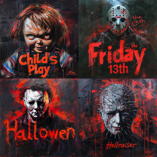 Classic Horror Movie Tribute Art AI MidJourney Image Prompt, 8141black, Child's Play, classic, creepy, dark, digital art, dramatic, eerie, Friday the 13th, Halloween, Hellraiser, horror movie tribute art, iconic, intense, midjourney, red, scary, vivid