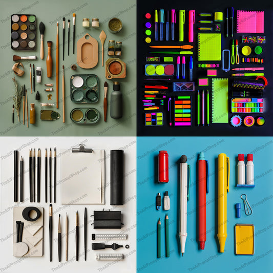 Art Supplies Flat Lay AI MidJourney Image Prompt, 8147art supplies, brushes, classic, colorful, creative inspiration, drawing, flat lay, materials, midjourney, minimalist, modern, notebooks, organization, painting, pencils, pens, stationery, tools, vibrant