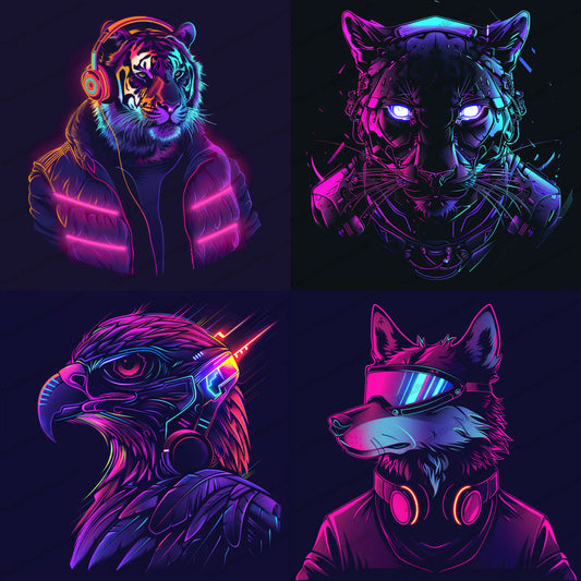 Futuristic Neon Animal AI MidJourney Image Prompt, 8162colorful, contemporary, cyberpunk, digital art, edgy, fantasy, futuristic neon animal, glowing, graphic, headphones, illuminated, intricate, midjourney, modern art, stylish, techno, urban, vibrant, visual art