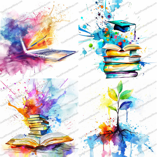 Abstract Learning and Growth AI MidJourney Image Prompt, 8164abstract watercolor, artistic, colorful art, creativity, dynamic, education, graduation cap, growth, ink, knowledge, laptop, learning books, midjourney, painting, plant, splashes, study, vibrant