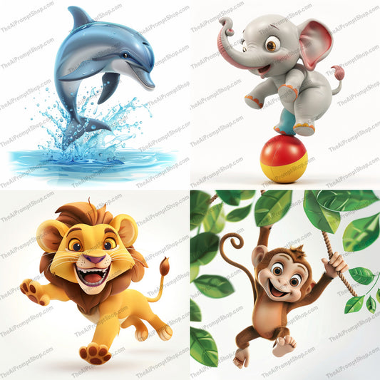 Cute Animal Characters AI MidJourney Image Prompt, 8172adorable animals, animal characters, cartoon animals, children's book illustration, children's decor, creative projectsmidjourney, cute animals, detailed design, dolphin, dynamic pose, elephant, fun animals, illustration, kids room, lion cub, monkey, nursery art, playful animals, soft color palette, whimsical art