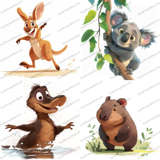Playful Australian Animal Characters AI MidJourney Image Prompt, 8173animal cartoons, animated characters, animation designmidjourney, art for kids, Australian animals, cartoon animals, charming characters, children's illustrations, colorful illustrations, cute animals, fun art, funny animal art, kangaroo character, koala character, mascot design, platypus character, playful illustrations, whimsical style, wildlife art, wombat character