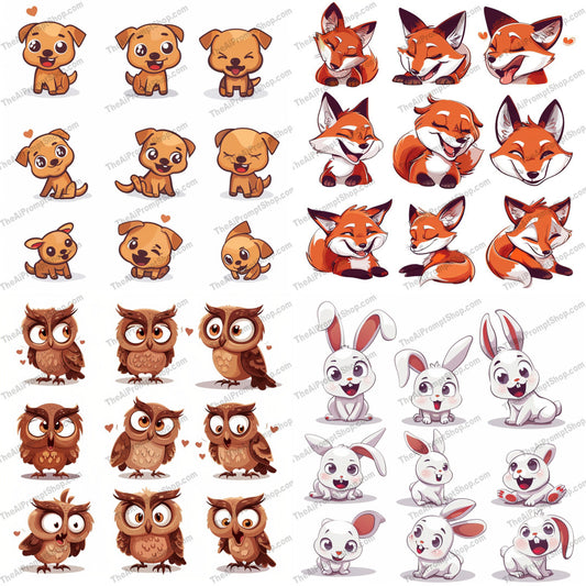 Cute Animal Illustrations AI MidJourney Image Prompt, 8175adorable, cartoon, charactermidjourney, children, creative art, cute animal illustration, design, expressive, fox, fun animals, owl, playful, puppy, rabbit, vibrant, whimsical