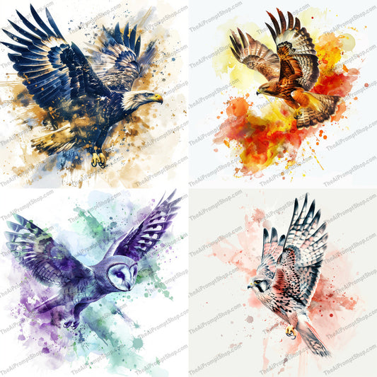 Elegant Birds in Flight AI MidJourney Image Prompt, 8184aesthetic, artistic, beautiful, bird watercolor painting, colorful, contemporary decor, creative, detailed, dynamic, elegant, flight, modern, nature art, splashesmidjourney, vibrant, wildlife