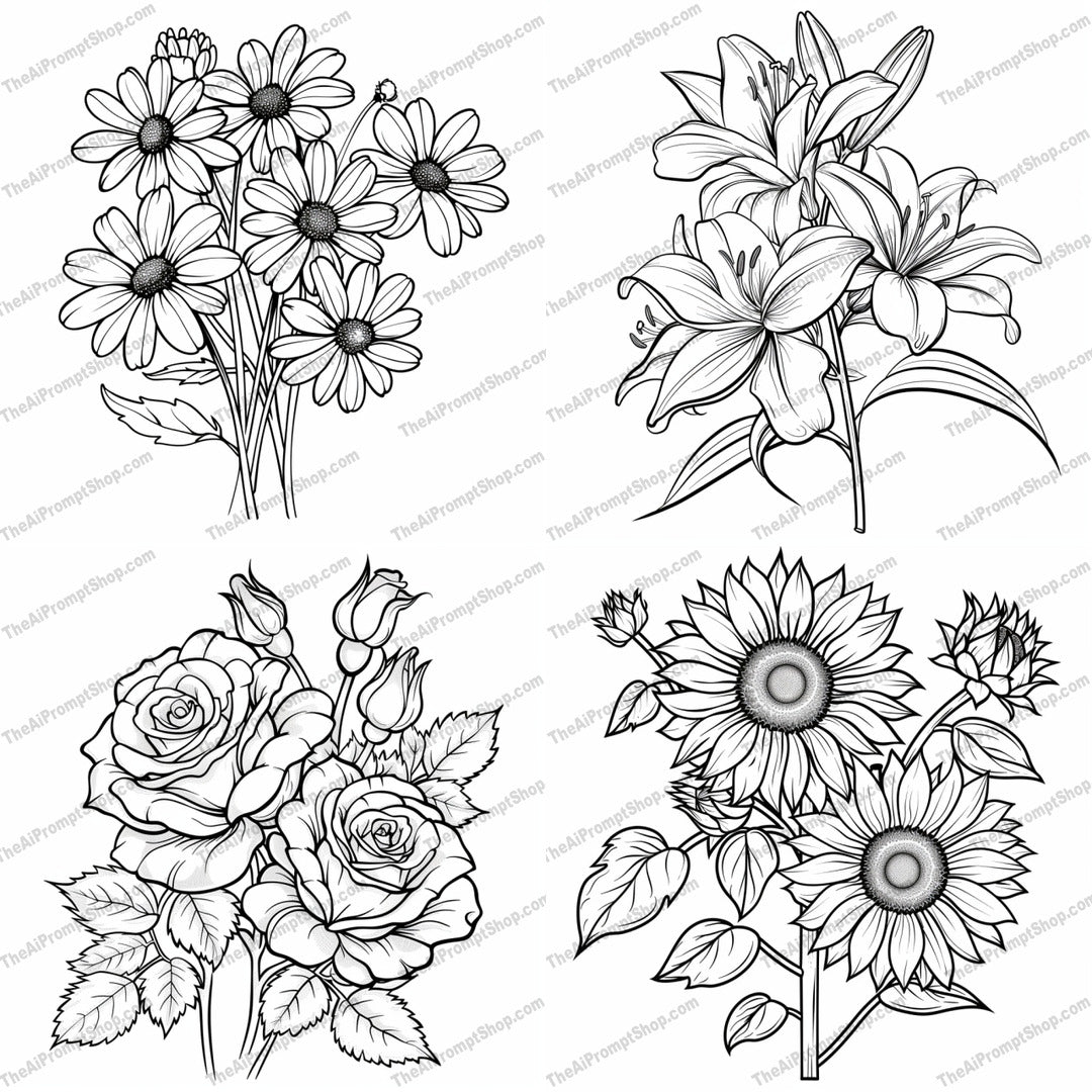 Elegant Flower Bouquet Line Art AI MidJourney Image Prompt, 8189art, black and white, botanical, classic, daisies, detailed, drawing, elegant, floral design, flower bouquet line art, illustration, leavesmidjourney, lilies, nature, petals, roses, sketch, sunflowers
