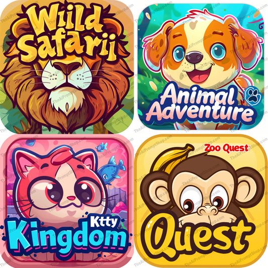 Cute Animal Adventure AI MidJourney Image Prompt, 8202adorable characters, adventure, animated, bright colors, cartoon style, children's games, cute animals, educational content, family-friendly, fun, jungle, kids entertainment, kitten, lion, monkey, playful, puppy, typography, vibrant, whimsicalmidjourney
