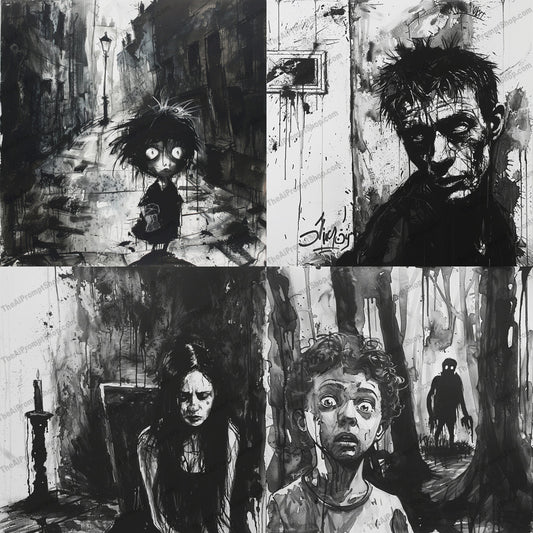 Moody Black Ink Artwork AI MidJourney Image Prompt, 8212art, artistic, atmospheric, black ink, brush strokes, classic, contrast, dark art, dark art stylemidjourney, dramatic, emotion, expressive, fine art, gothic, ink drawing, intrigue, monochromatic, moody, mystery