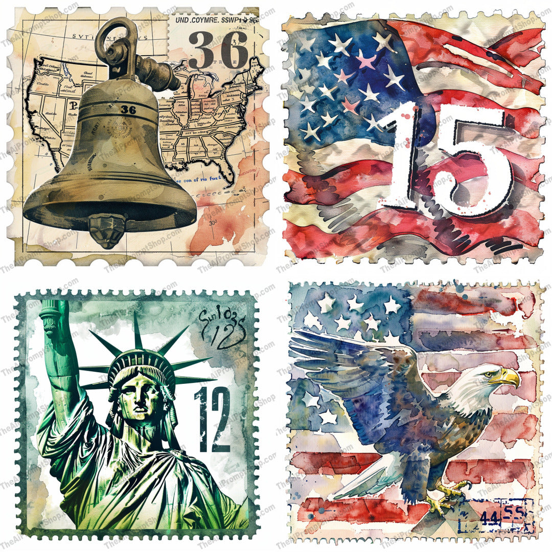 Patriotic Themed Illustrations AI MidJourney Image Prompt, 8235American Flag, American Symbols, Americana, Bald Eagle, Collectible Art, Freedom, Heritage, Independence, Liberty Bell, National Pridemidjourney, Patriotic Vintage Art, Patriotism, Stamp Art, Statue of Liberty, Symbolic Art, USA Icons, Vintage Stamps, Watercolor, Watercolor Stamps