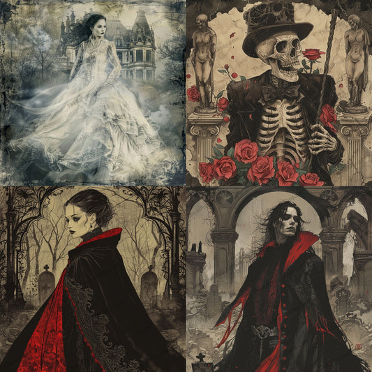 Gothic Phantom Art AI MidJourney Image Prompt, 8241antiquated clothing, cemetery, dark, ethereal, fantasymidjourney, ghostly figure, gothic architecture, gothic art, graveyard, haunted mansion, haunting, morbid, mysterious, phantom, red and black cloak, romanticism, roses, skeletal, skeleton, supernatural, vintage