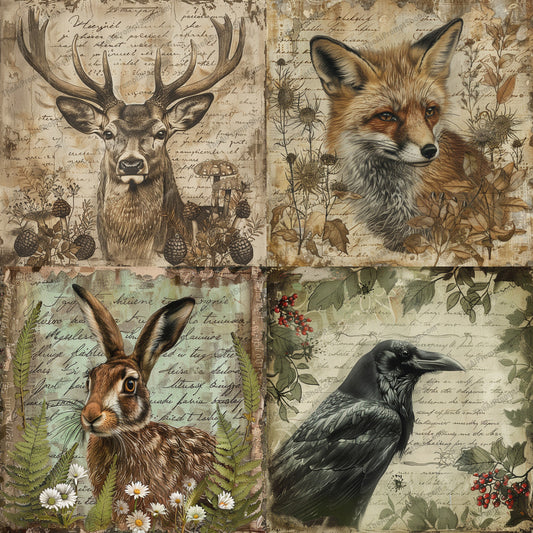 Rustic Woodland Animals Illustration AI MidJourney Image Prompt, 8243botanical art, deer, detailed, earthy tones, enchanting, forest, fox, home decor, nature, nostalgic, portraitmidjourney, rabbit, raven, rustic, vintage, wildlife, woodland animals illustration