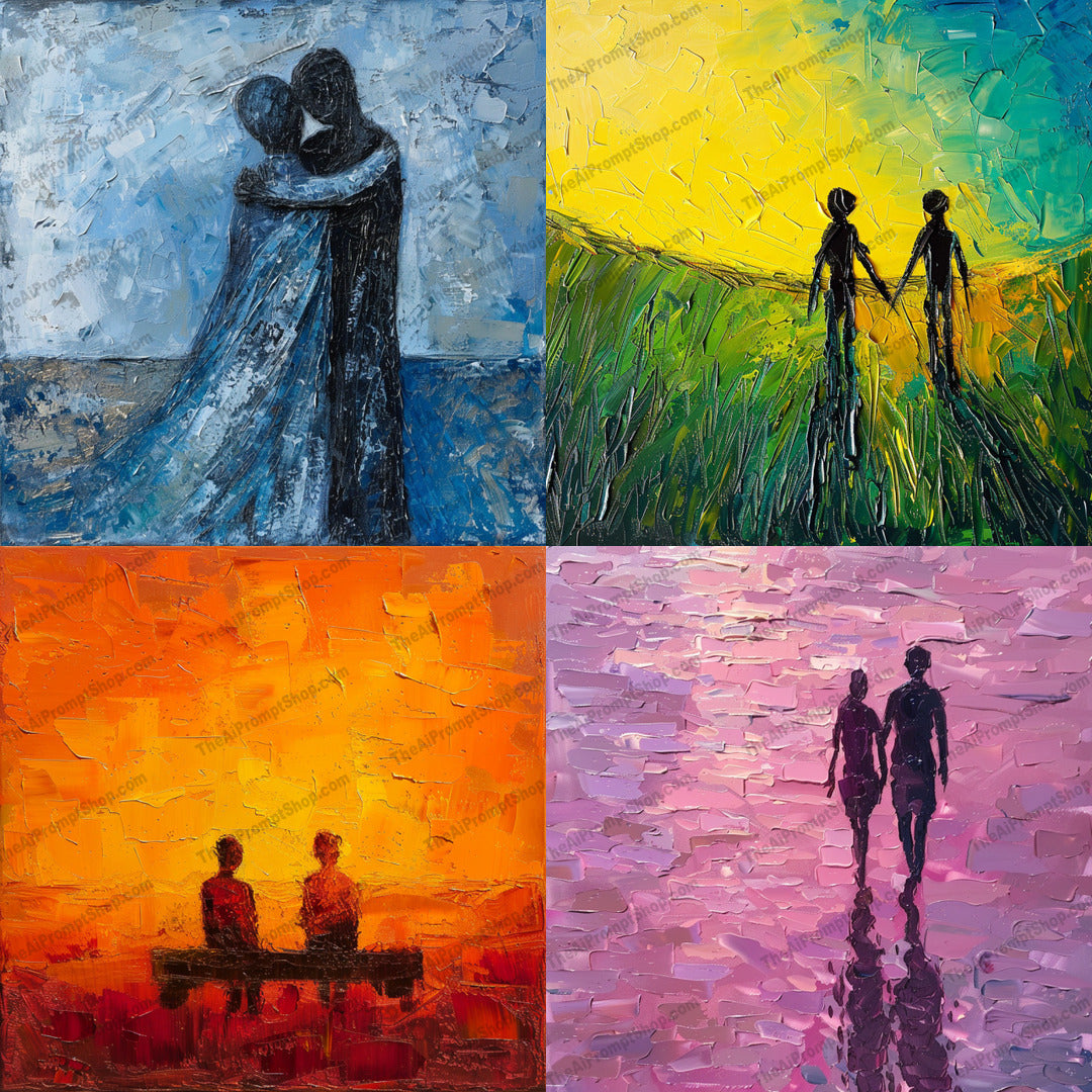 Abstract Couple Artwork AI MidJourney Image Prompt, 8305abstract art, abstract composition, abstract love, Ai, Ai Image Prompt, art collection, art styles, artistic depiction, colorful artwork, couple in love, creative painting, emotional art, expressive brushstrokes, fine art, Image Prompt, Landscapes & Paintings, midjourney, modern art, Prompt, romance, romantic couple, romantic settings, textural elements, textured painting, vibrant colors, vivid colors