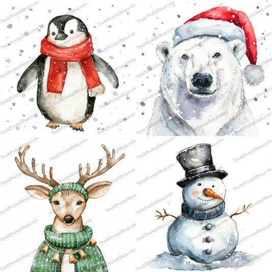 Winter Holiday Animal Illustration AI MidJourney Image Prompt, 8392Ai, Ai Image Prompt, animal, art, christmas, cute, decor, festive, greeting card, hand-drawn, holiday, Holidays, illustration, Image Prompt, midjourney, penguin, polar bear, Prompt, reindeer, santa hat, seasonal, snow, snowman, watercolor, whimsical, winter