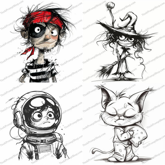 Whimsical Character Sketches AI MidJourney Image Prompt, 8401