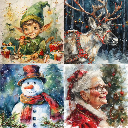 Festive Watercolor Holiday Scene AI MidJourney Image Prompt, 8410Ai, Ai Image Prompt, Art, Celebration, Christmas, Decoration, Elf, Festive, Gift, Greeting card, Holiday, Holidays, Home decor, Illustration, Image Prompt, Joy, Magic, midjourney, Ornaments, Prompt, Reindeer, Santa, Seasonal, Snowman, Watercolor, Whimsical, Winter