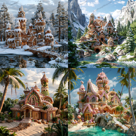 Fantasy Gingerbread Houses AI MidJourney Image Prompt, 8425Ai, Ai Image Prompt, artwork, castle, charm, colorful, decorative, design, dream, fairytale, fantasy, gingerbread, Holidays, home, house, Image Prompt, imagination, intricate, magical, midjourney, Prompt, snow, tropical, vibrant, whimsical, winter