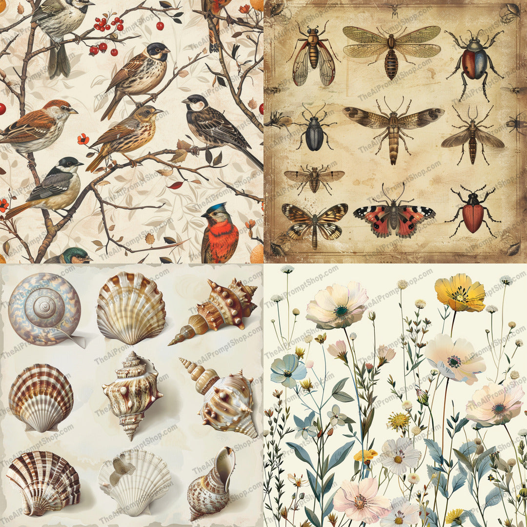 Vintage Nature Illustration AI MidJourney Image Prompt, 8432Ai, Ai Image Prompt, antique, art print, birds, botanical, classic, collection, delicate, detailed, fauna, flora, Florals, flowers, illustration, Image Prompt, insects, midjourney, natural history, nature, nostalgic, Prompt, retro, seashells, timeless, vintage, wildlife, zoological