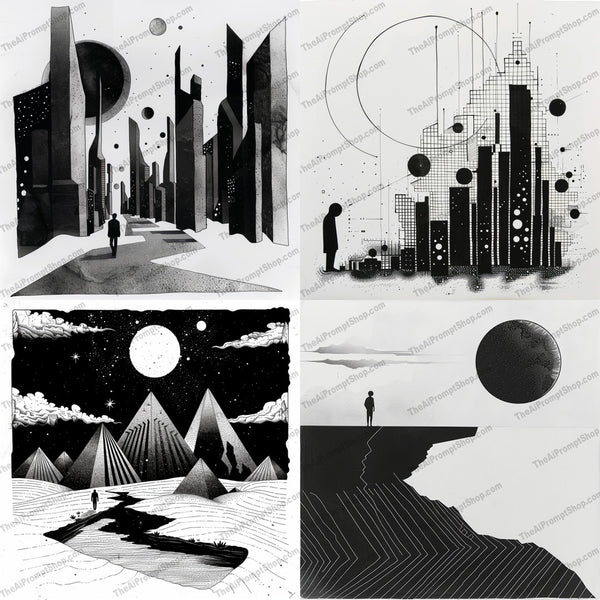 Black and white surreal landscape illustration created from an AI image prompt.